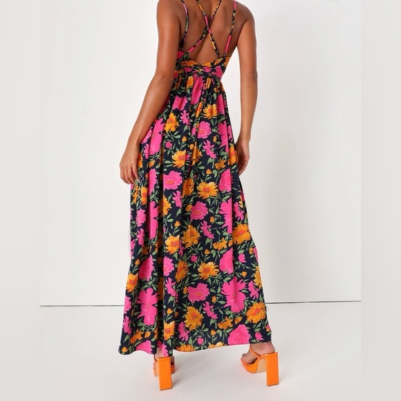 Lulu's Navy Neon Floral Print Sleeveless Strappy Maxi Dress Size Small - Picture 3 of 14
